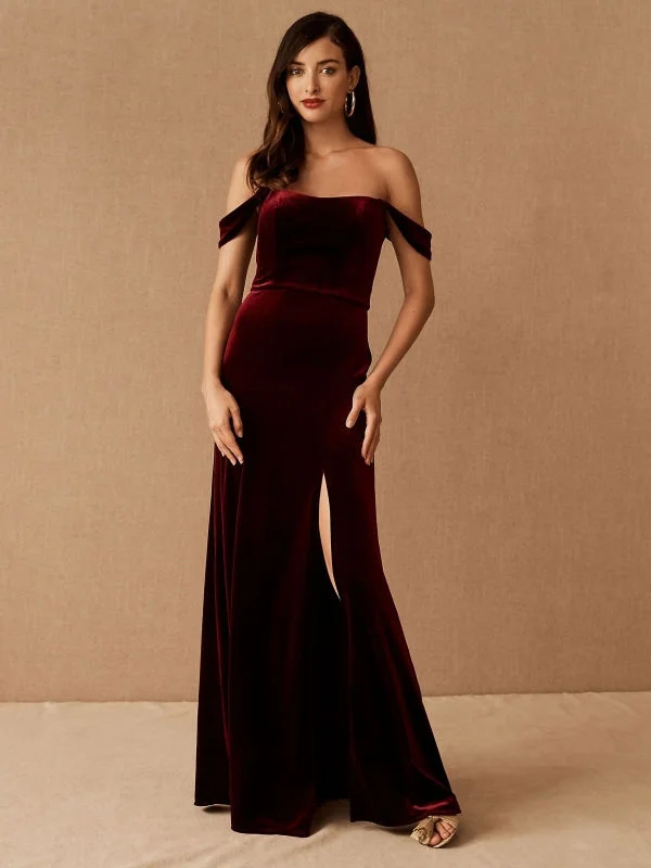 long sleeve lace evening dress-Burgundy Evening Dress A-Line Bateau Neck Short Sleeves Zipper Front Velour Split Floor-Length Formal Party Dresses