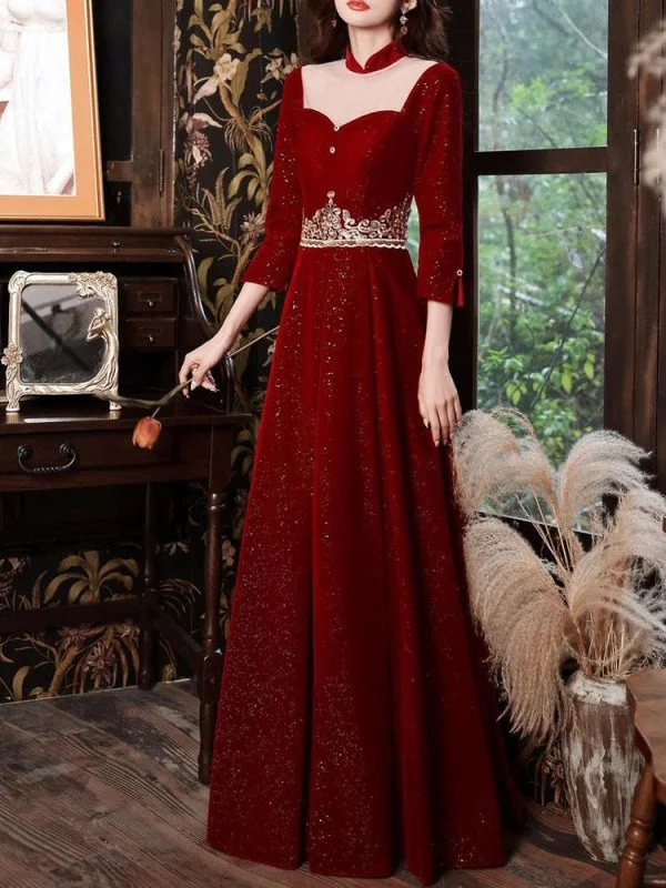 evening dress with scalloped hem-Burgundy Evening Dress A-Line High Collar Long Sleeves Korean Velvet Sequined Floor-Length Applique Social Pageant Dresses