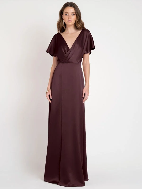 lace evening dress-Burgundy Evening Dress A-Line V-Neck Floor-Length Short Sleeves Backless Pleated Matte Satin Social Party Dresses