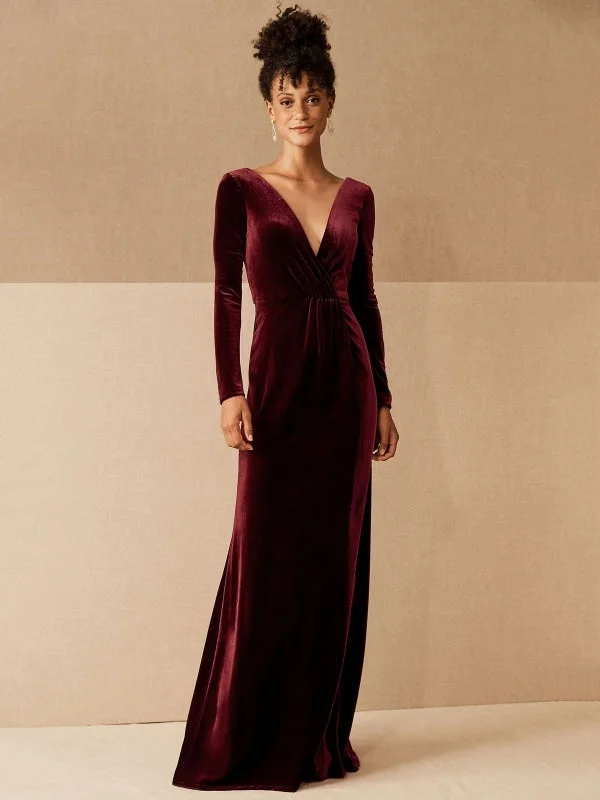 illusion sleeve evening dress-Burgundy Evening Dress A-Line V-Neck Long Sleeve Velour Floor-Length Formal Party Dresses