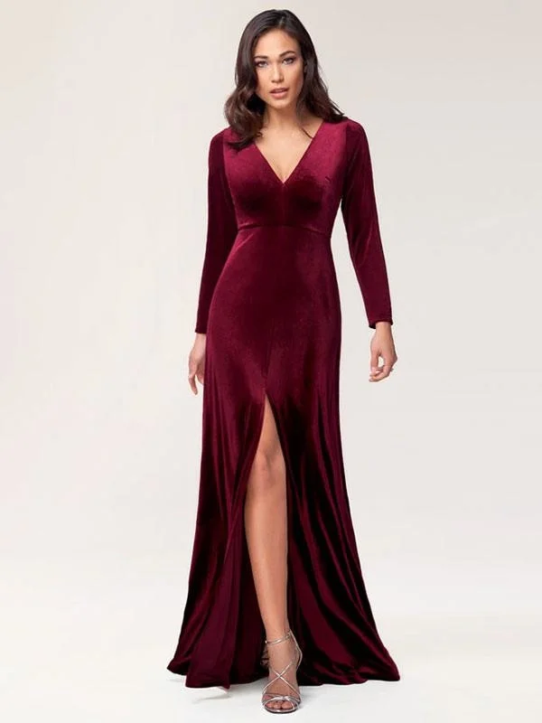 spaghetti strap evening dress-Burgundy Evening Dress Sheath Long Sleeve V-Neck Velour Social Party Dresses