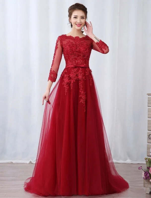 embroidered evening dress-Burgundy Evening Dresses Long Sleeve Lace Applique Beaded Formal Gown With Train