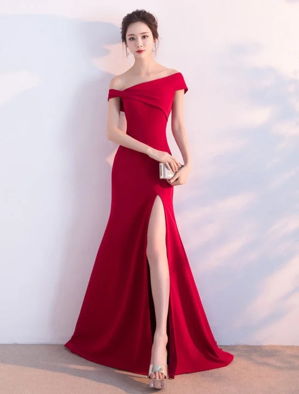 glitter evening dress-Burgundy Evening Dresses Off The Shoulder Formal Dress Sexy High Split Elastic Silk Like Satin Party Dress Wedding Guest Dress