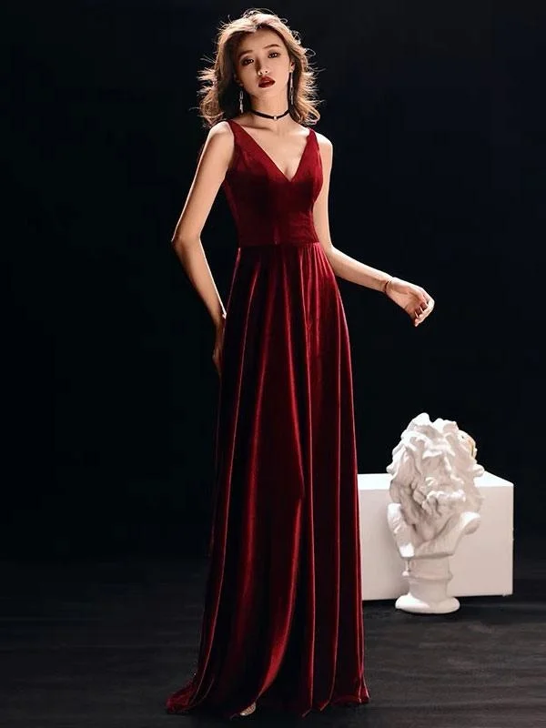 stylish evening dress-Burgundy Evening Dresses Straps V Neck Velvet Sleeveless Long Prom Dress