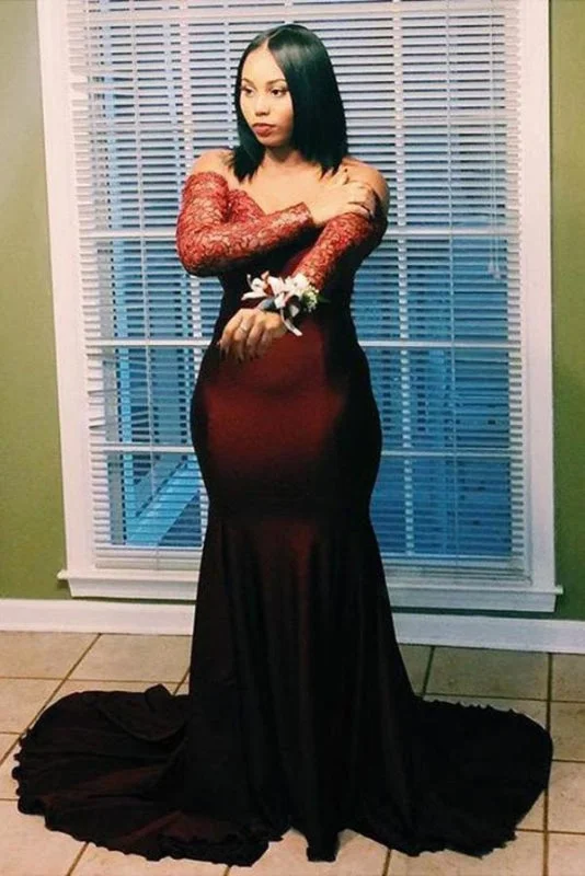 long evening dress-Burgundy Off the Shoulder Long Sleeves Mermaid Plus Size Prom Dress with Train