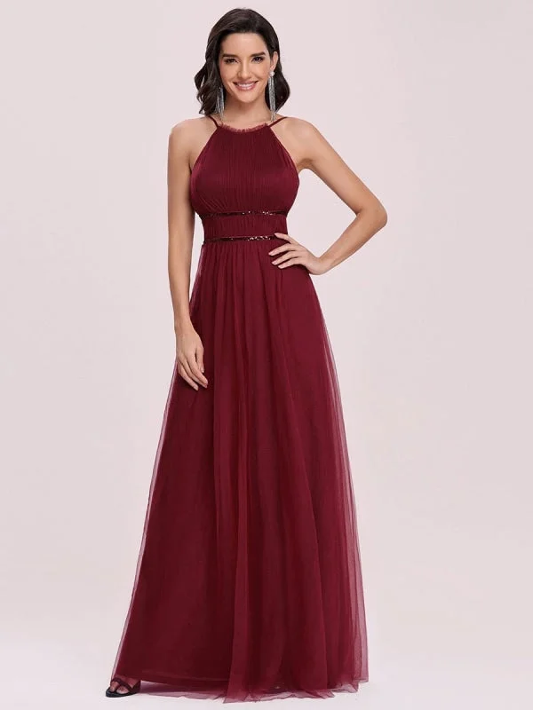 empire waist evening dress-Burgundy Prom Dress A-Line Halter Tulle Sleeveless Sash Long Party Dresses