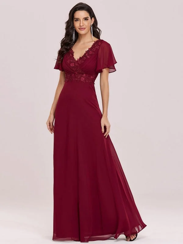 plus size evening gown-Burgundy Prom Dress A-Line V-Neck Backless Chiffon Short Sleeves Floor-Length Guest Dresses