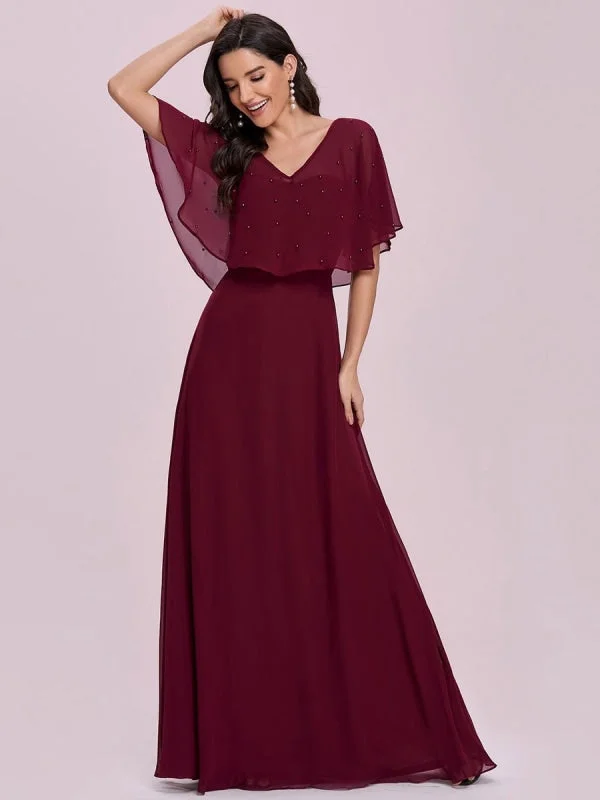 evening dress with lace overlay-Burgundy Prom Dress A-Line V-Neck Chiffon Half Sleeves Beaded Long Party Dresses