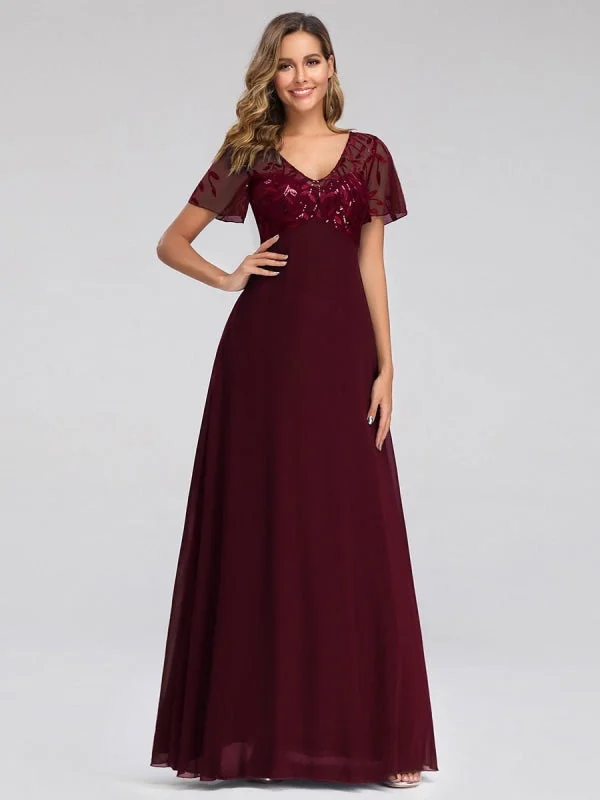 satin evening gown-Burgundy Prom Dress A-Line V-Neck Short Sleeves Chiffon Lace Floor-Length Party Dresses