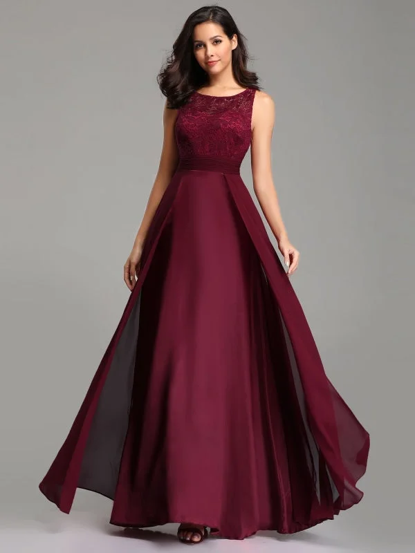 evening dress with floral print-Burgundy Prom Dress Jewel Neck A-Line Sleeveless Chiffon Lace Floor-Length Wedding Guest Dresses