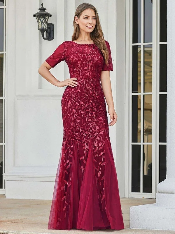 navy blue evening dress-Burgundy Prom Dress Mermaid Jewel Neck Short Sleeves Lace Floor-Length Wedding Guest Dresses