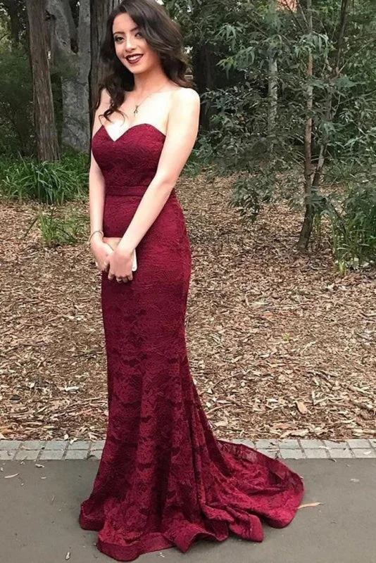 modest evening dress-Burgundy Prom Dress Mermaid Sweetheart Strapless Lace Evening Dresses