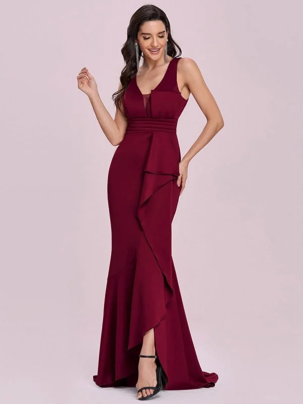 evening dress for prom-Burgundy Prom Dress Satin Fabric V-Neck Mermaid Sleeveless Pleated Long Pageant Dresses