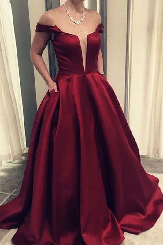 velvet evening dress-Burgundy Prom Dresses Off the Shoulder