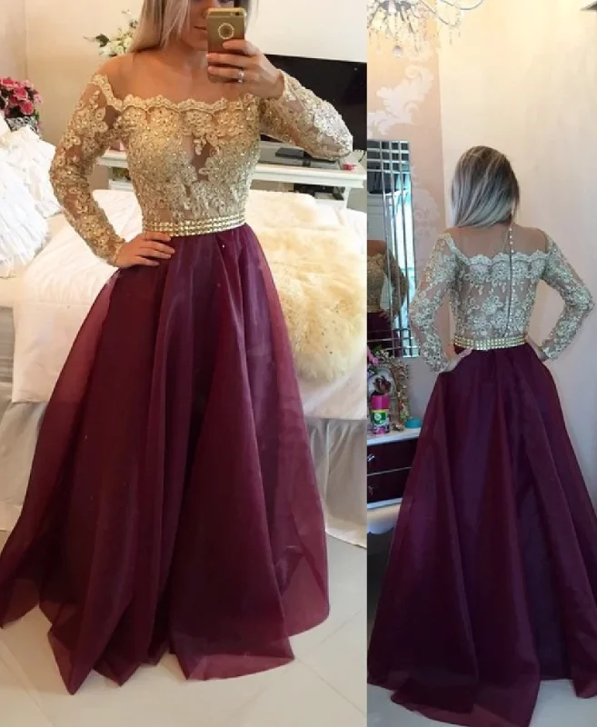 glamorous evening dress-Dark Burgundy Prom Dresses with Full Sleeves