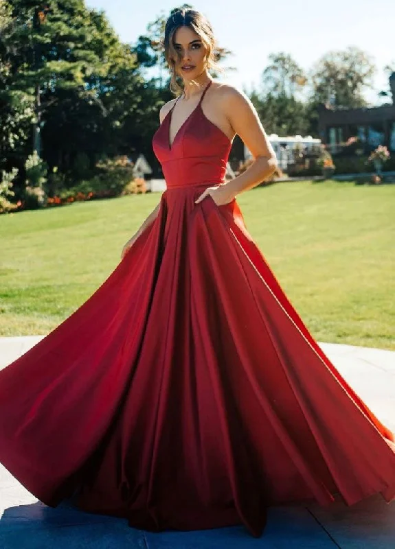 sweetheart neckline evening dress-Burgundy Prom Dresses with Pockets