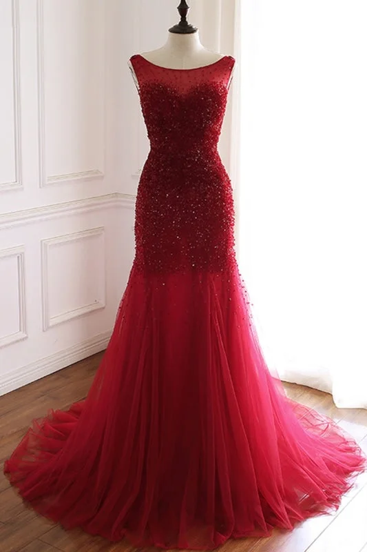 red evening dress-Burgundy Tulle Open Back Beaded Long Mermaid Prom Dress