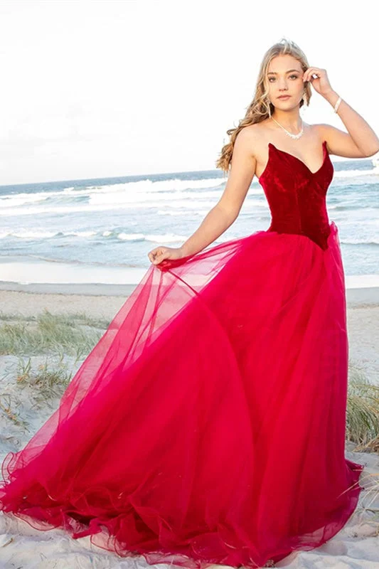 sleeveless evening dress-Burgundy Tulle V-Neck Prom Dress Velvet