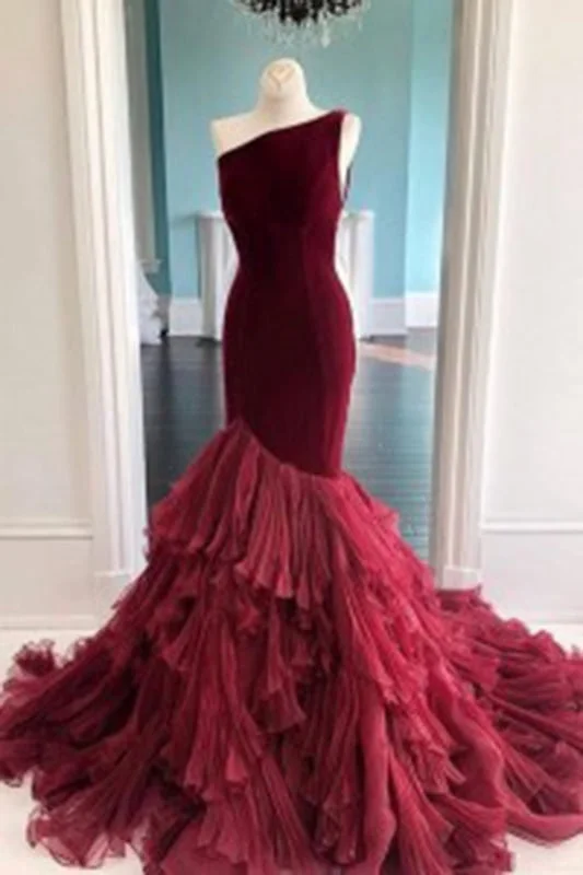 sequined evening dress-Burgundy Tulle Velvet Long Mermaid Dress Formal Prom Dress