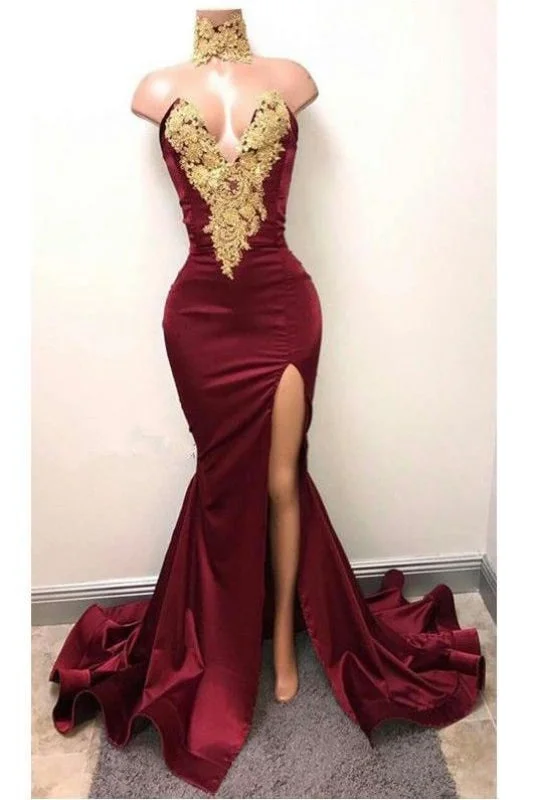 stylish evening dress-Burgundy V Neck Sleeveless Mermaid Prom with Gold Appliques Long Evening Dress