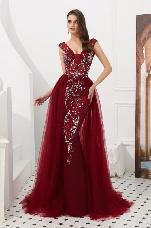 tulle evening dress-Burgundy V Neck Sleeveless Tulle Long Prom Dress with Beads Crystal