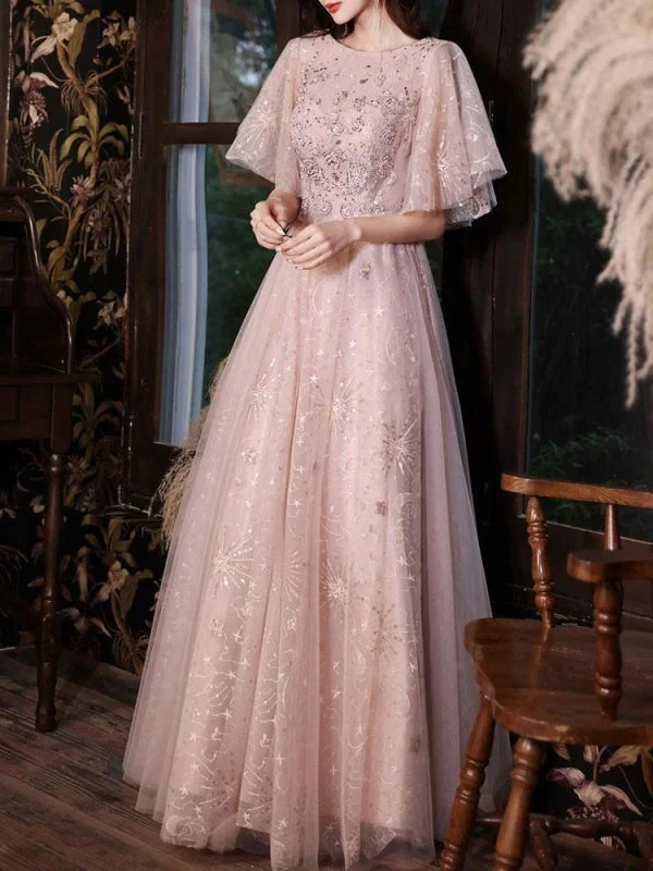 evening dress with sleeves-Cameo Brown Evening Dress A-Line Jewel Neck Half Sleeves Floor-Length Lace-Up Formal Dinner Dresses