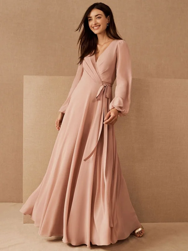 long evening dress-Cameo Brown Evening Dress A-Line V-Neck Long Sleeves Matte Satin Floor-Length Pleated Social Pageant Dresses