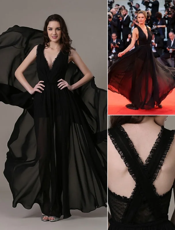 evening dress with lace sleeves-Celebrity Dresses A Line Cut Out Elegant See Through Chiffon Festival Dress