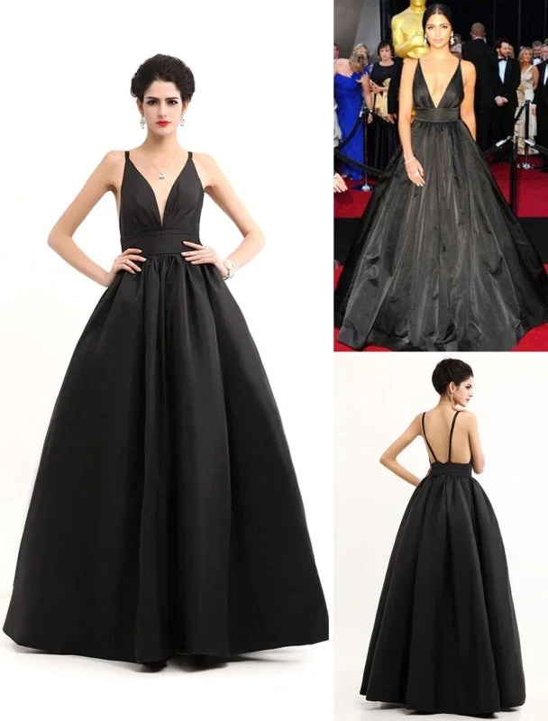 velvet evening dress-Celebrity Dresses Black Oscar Evening Dress Straps Backless Deep V Taffeta Dress