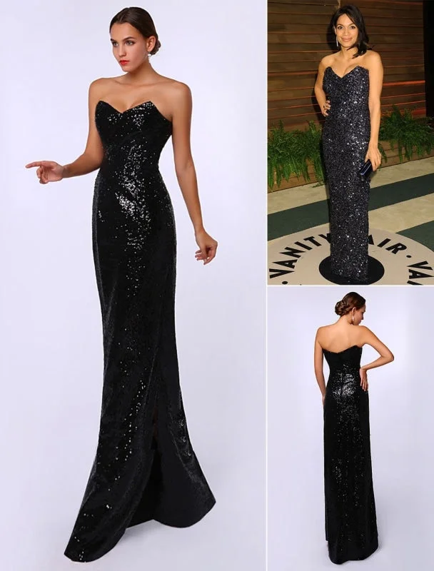 evening gown for women-Celebrity Dresses Sheath Black Sequined Sweetheart Neck Evening Dress Inspired By Rosario Dawson At Oscar