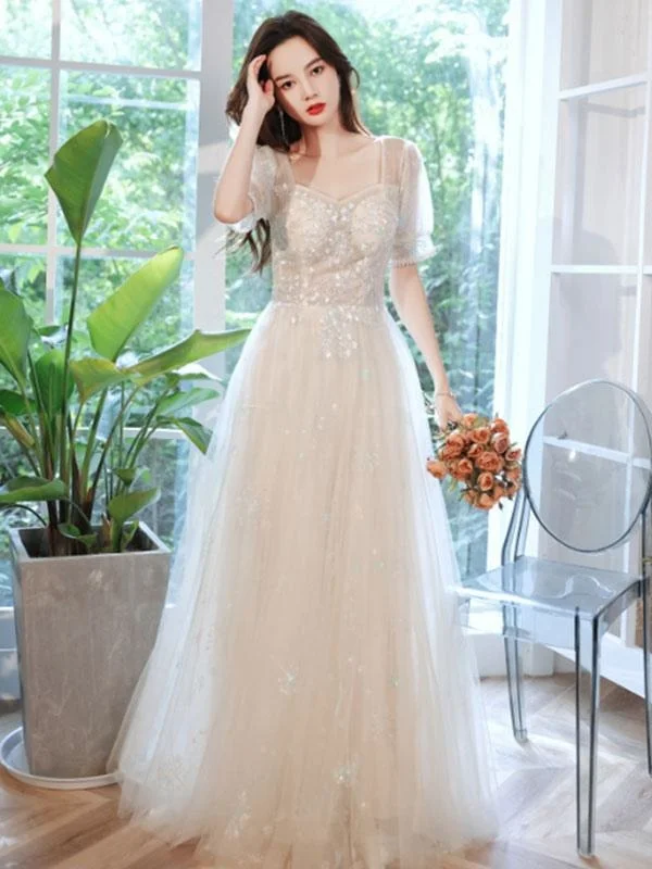 modern evening dress-Champagne Evening Dress A-Line Square Neck Lace Half Sleeves Applique Floor-Length Social Pageant Dresses