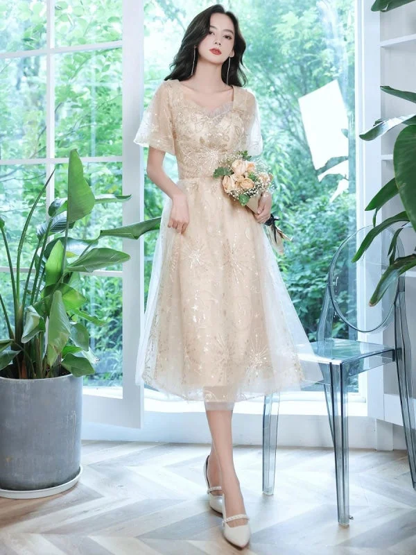 satin evening dress-Champagne Evening Dress A-Line Sweetheart Neck Lace Half Sleeves Applique Tea-Length Formal Party Dresses