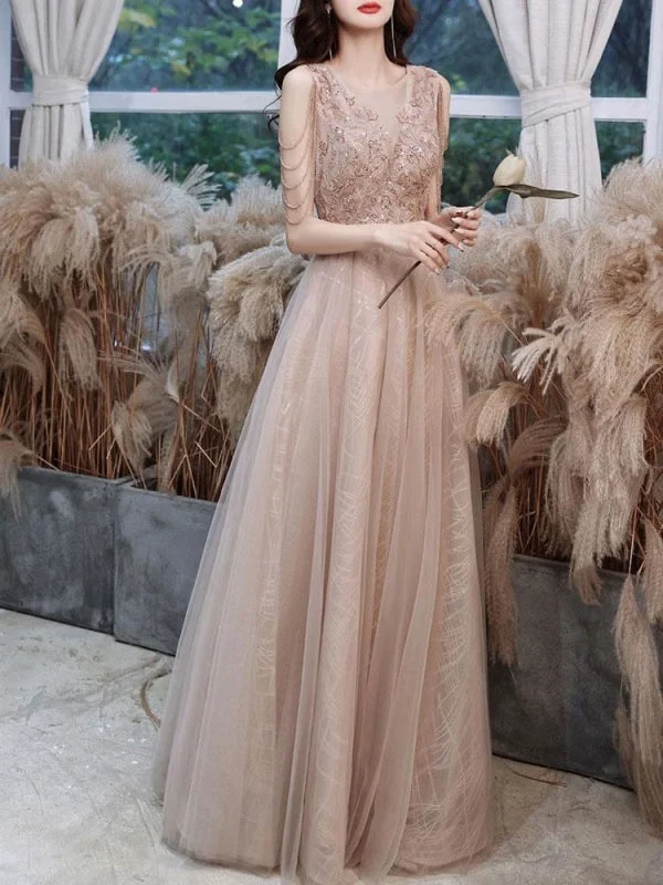 elegant evening wear-Champagne Evening Dress A-Line V-Neck Sleeveless Lace Up Chains Floor-Length Social Party Dresses