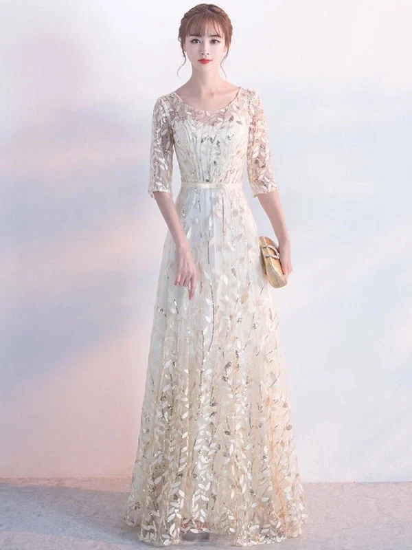 glittering evening gown-Champagne Evening Dress Sash Mother Of The Bride Dresses Round Neck Half Sleeve Lace A Line Floor Length Occasion Dresses