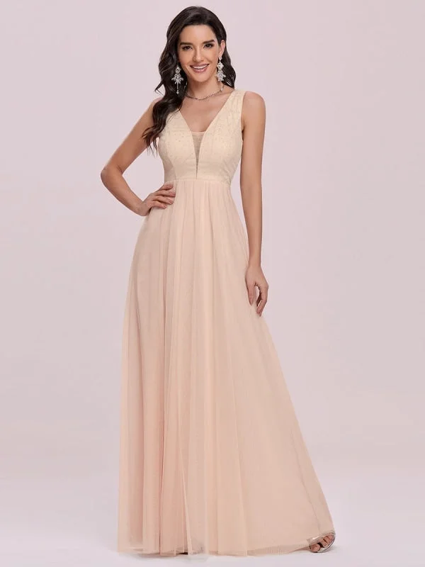 evening dress with jacket-Champagne Prom Dress A-Line V-Neck Sleeveless Floor-Length Tulle Pageant Dresses Evening Dress