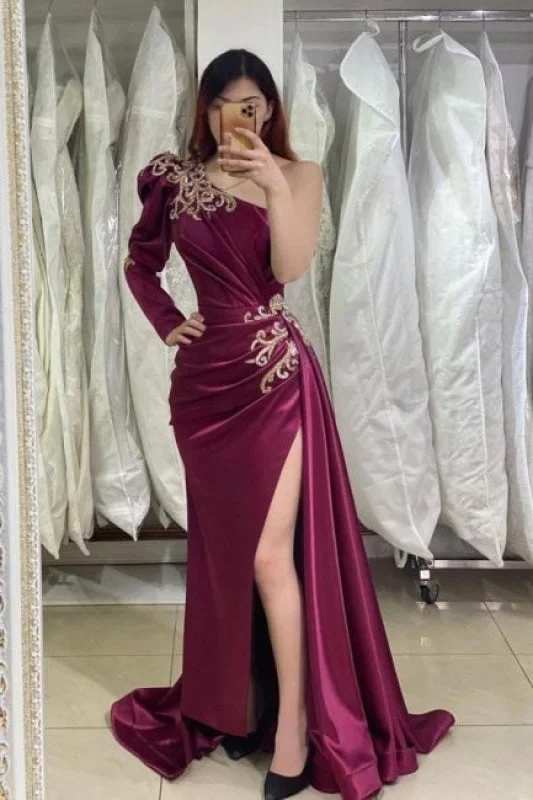 evening dress with jacket-Charming Burgundy Evening Dresses With Sleeves Side Slit Prom Dress