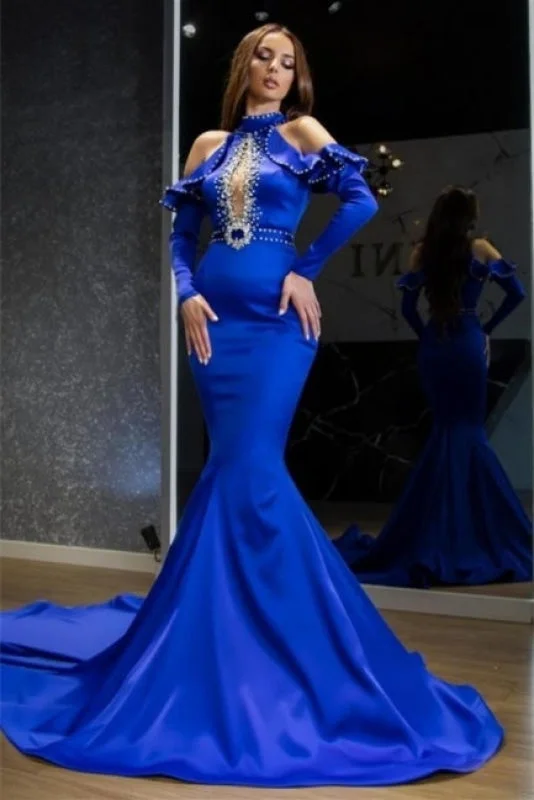 illusion sleeve evening dress-Charming Halter Royal Blue Satin Mermaid Prom Dress Evening Party Dress