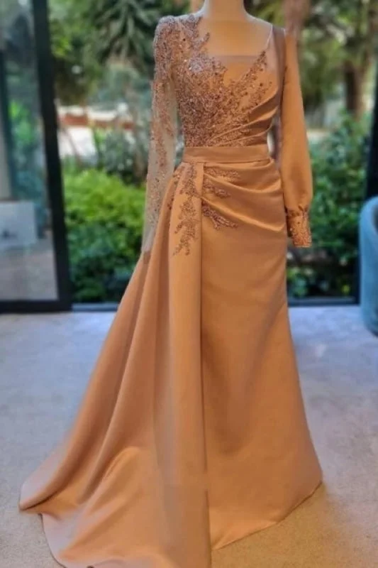 elegant evening attire-Charming Long Sleeves Prom Dress Satin Evening Party Dress with Side Sweep Train