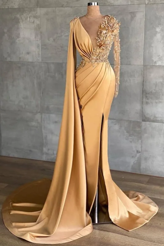 illusion sleeve evening dress-Charming Long sleeves V-neck Mermaid Long Evening Dress with Side Train