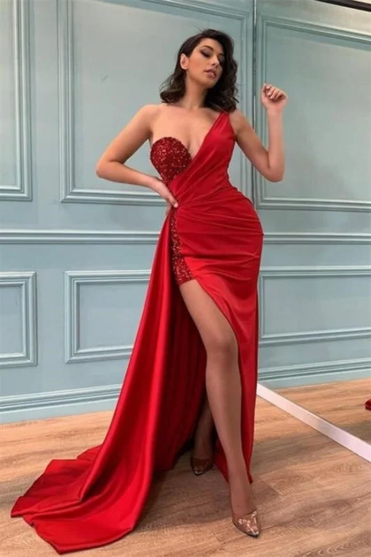 off-the-shoulder evening dress-Charming  Red Mermaid Prom One Shoulder Sequined Long Evening Dress