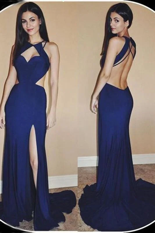 elegant long evening dress-Cheap Mermaid Jewel Sweep Train Open Back Long Prom Dress with Side Slit