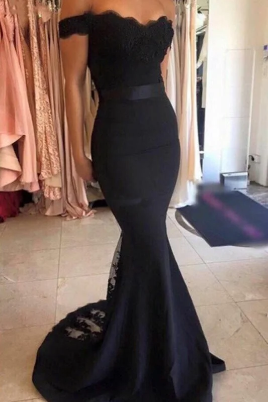 elegant mermaid evening dress-Cheap Mermaid Long Dress lace Black Off the Shoulder with Sash Prom Gowns