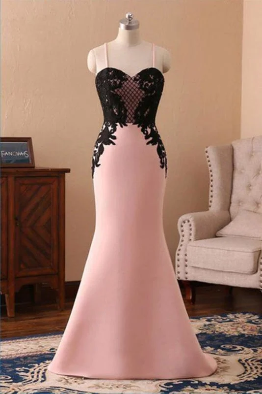 empire waist evening dress-Cheap Pink Spaghetti Straps Sweetheart Long Mermaid Black Lace Prom Dress