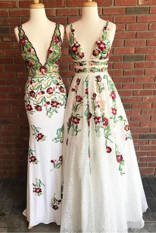 evening dress with appliques-Cheap V Neck Prom Dresses Sleeveless Floor Length Formal Dress with Appliques