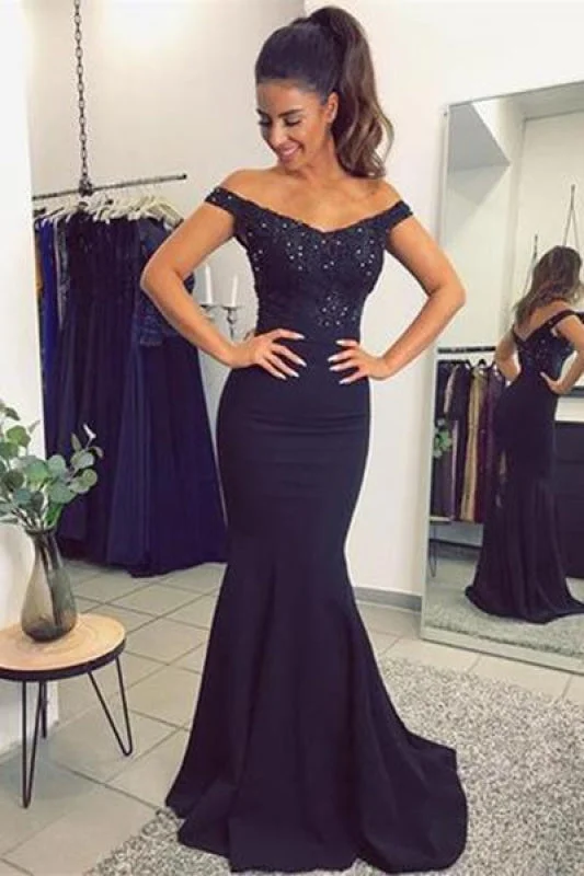 evening dress with beading-Chic Affordable Graceful Navy Blue Off The Shoulder Mermaid Stretch Evening Dresses with Lace Beads