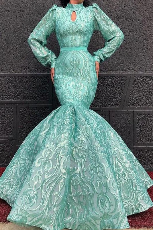 evening dress with illusion neckline-Chic Lace High Neck Long Sleeve Mermaid Prom Dresses