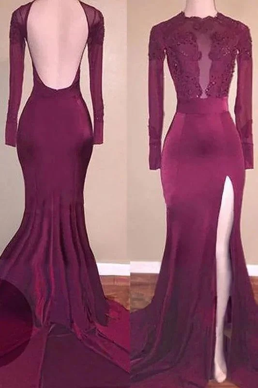 evening dress with jacket-Chic Mermaid Sleeves Applique Backless Prom Long Split Evening Dresses