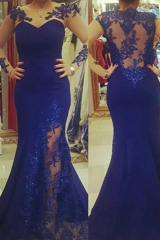 evening dress with open back-Chic Royal Blue Mermaid Prom Sheer Sleeves Plus Size Dress