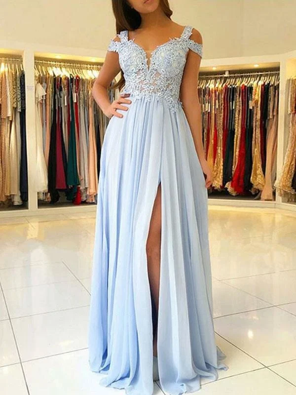 layered evening dress-Chiffon Evening Dress A Line V Neck Floor Length Split Front Party Dresses Prom Dresses