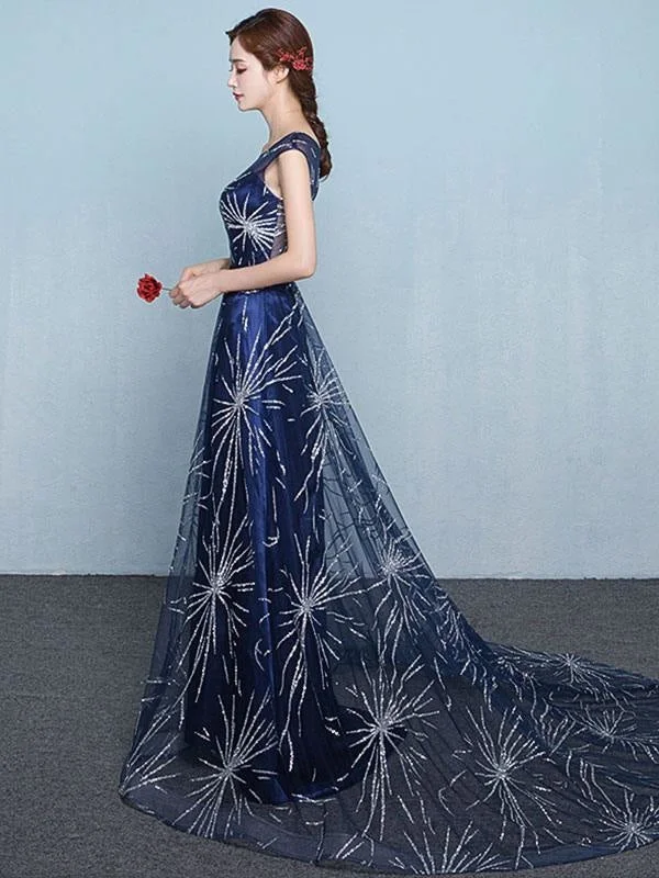 maxi evening dress-Constellation Dress Dark Navy Evening Dress 2021 Sexy A Line Scoop Neck Sequin Star Tulle Formal Party Dresses With Train